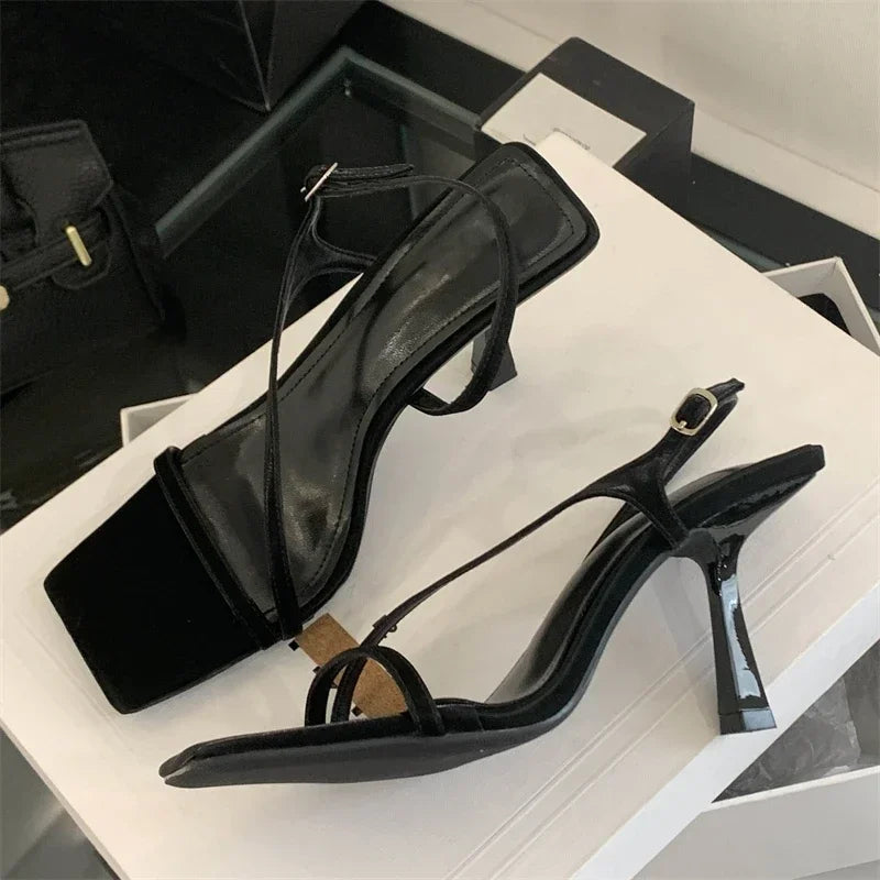 LBSFY -New Summer Fashion Square Toe Buckle Strap Sandals Women Elegant Thin Low Heels Party Stripper Shoes Pumps