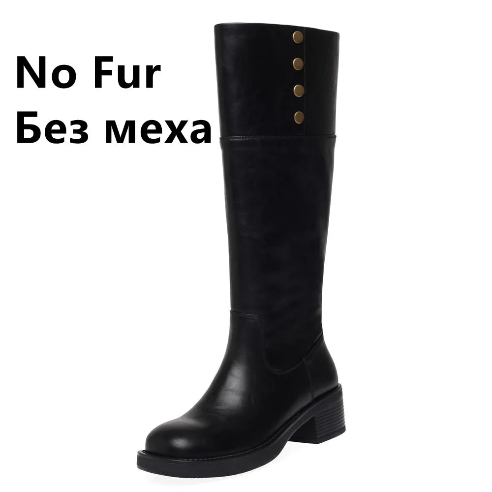LBSFY  -  Vintage Women Knee-High Boots Genuine Leather Thick Heels Shoes Woman Basic Office Lady Autumn Winter High Boots Retro