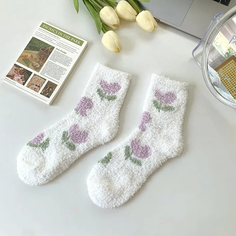 Lbsfy Women Socks Kawaii Cute Strawberry Cherry Flowers Winter Thicken Warm Soft Coral Fleece Thermal Homewear Floor Sleeping Socks