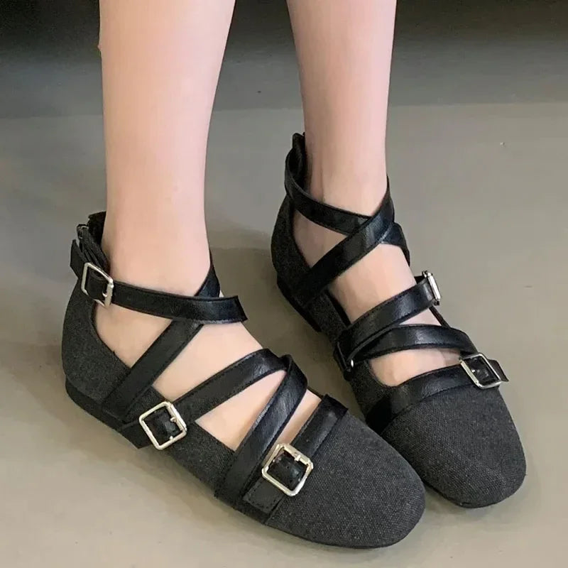 LBSFY  -  Belt Buckle Flat Mary Jane Shoes Women Fashion Design Footwear Female Cross-tied Soft Sole Comfort Ballet Shoes Zapatos De Mujer