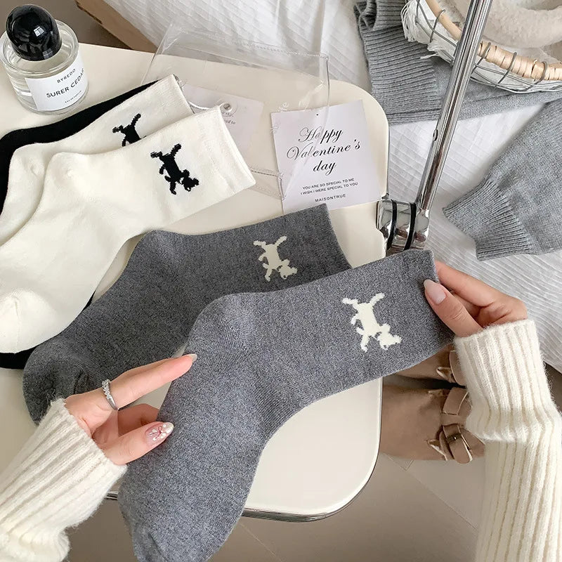 Lbsfy Women's High-quality Combed Cotton Socks Cartoon Pattern Funny Cat Puppy Cute Fashion Striped Mid-calf Socks