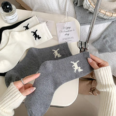 Lbsfy Women's High-quality Combed Cotton Socks Cartoon Pattern Funny Cat Puppy Cute Fashion Striped Mid-calf Socks
