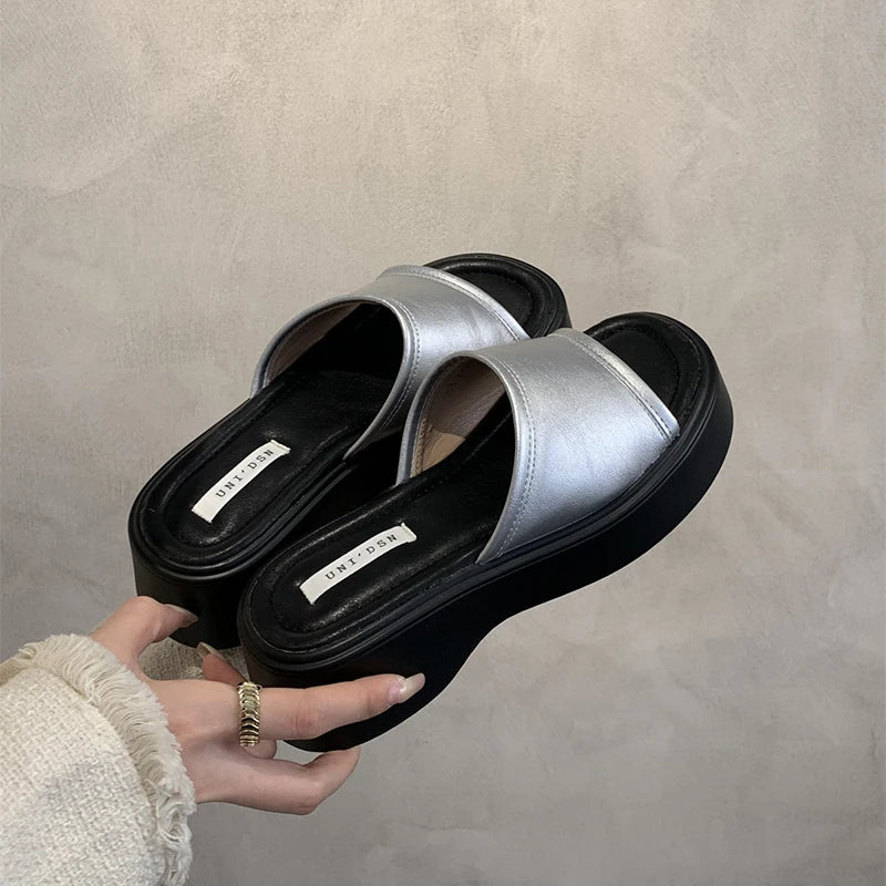 LBSFY  -  2024 Summer Chunky Women Slipper Fashion Open Toe Slip On Ladies Elegant Platform Flats Slides Soft Flat Beach Sandal Shoes