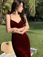 LBSFY -Summer Vintage Sexy Club Prom Red V-neck Dresses Women Spaghetti Strap Slit Long Dress Beach Midi Elegant Dress Party Robe