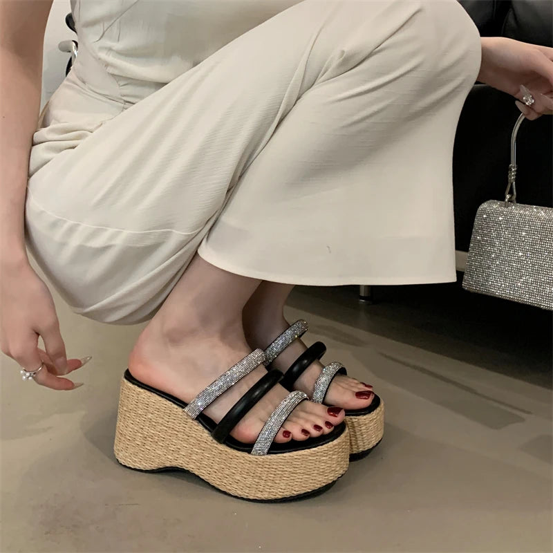 LBSFY  -  New Design Crystal Diamond Narrow Band Women Slippers Summer Platform Wedges High Heels Banquet Ladies Shoes