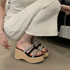 LBSFY  -  New Design Crystal Diamond Narrow Band Women Slippers Summer Platform Wedges High Heels Banquet Ladies Shoes
