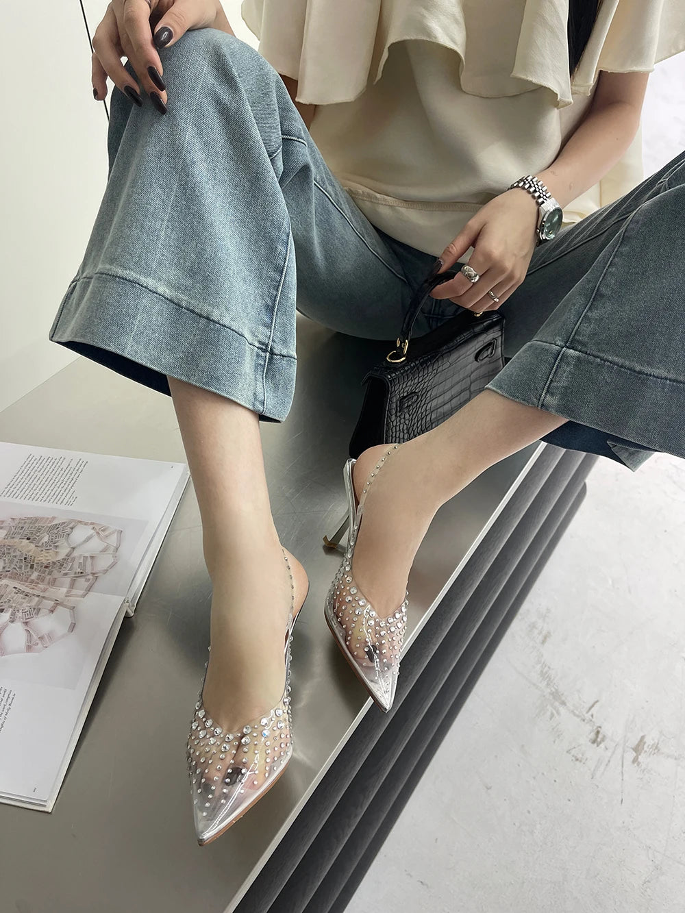 LBSFY  -  Pointed Toe Women Sandals Transparent Silver Rhinestone Crystal Dress Shoes Thin High Heels 2024 New Arrivals Pumps Sexy 35-41