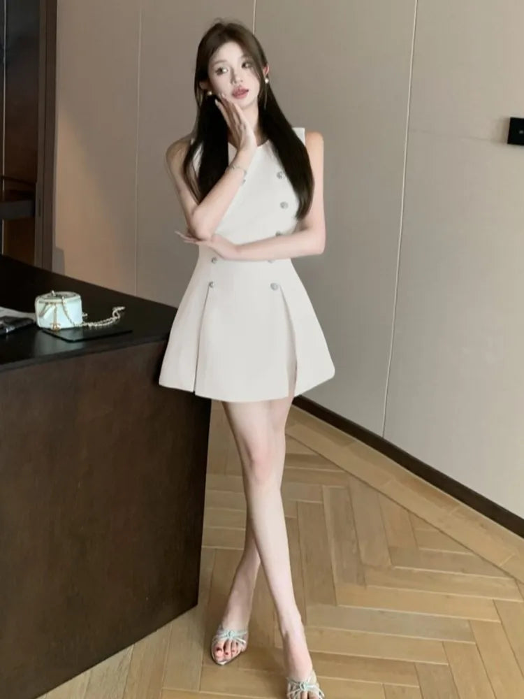 LBSFY -Elegant French Chic Spring Summer Women's Dresses Blue O-Neck Sleeveless Pleated Korean Dress Party Evening Prom Female Clothes