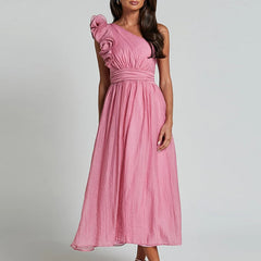 LBSFY  -  Sexy Slanted Collar Solid Long Dress Women Elegant Sleeveless Ruffle Pleated Party Dress Fashion Hight Waist Slim Evening Dress