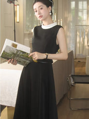 LBSFY -Vintage Elegant French Women's Prom Long Dresses Chic O-Neck A-Line Sleeveless Black White Patchwork Dress Party Evening Vestido