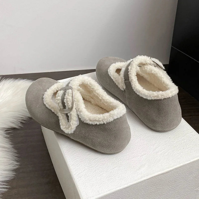 LBSFY  -  Designer Winter Mary Jane Cotton Shoes Women Belt Buckle Fashion Warm Fur Flats Shoes Femme Comfort Soft Sole Ballerina Shoes