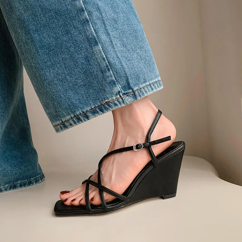 LBSFY  -  Fashion Sandals Women's New High Quality True Leather Open Toe Thin Belt Cross Wedges Heel Sandals Summer Open Shoes