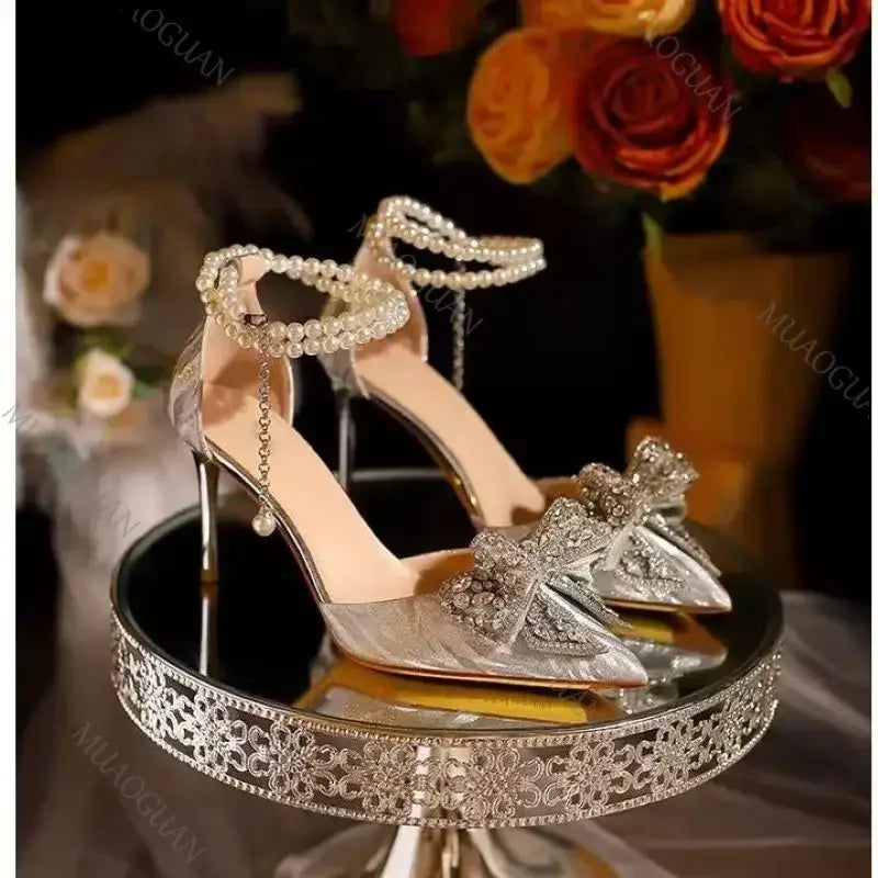 LBSFY -Spring Summer Fashion Pointed Toe Sandals Women's Rhinestone Pearl Butterfly Gold Silver High Heels Party Wedding Heeled Shoes