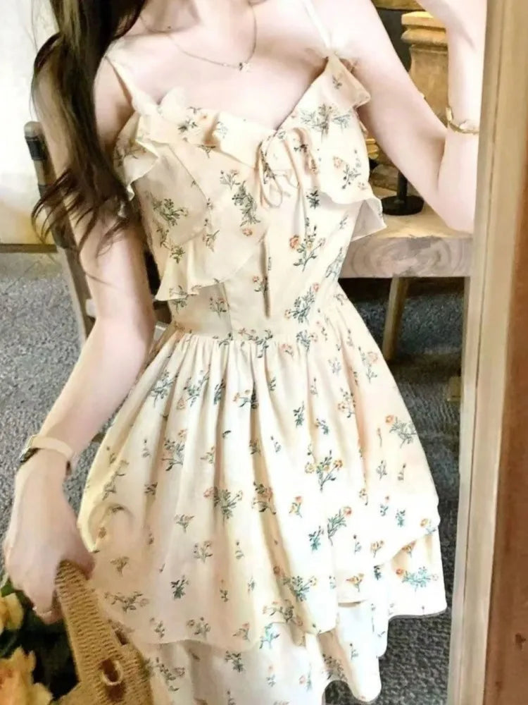LBSFY -Elegant French Floral Mini Women's Dress V-Neck Ruffles Print Spaghetti Strap Dresses Summer Holiday Beach Festival Clothes