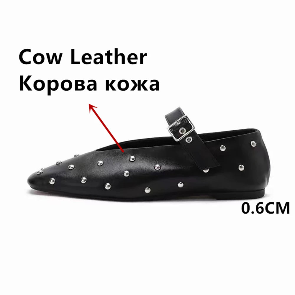 LBSFY  -  2024 New Rivets Women Flats Genuine Leather Buckles Spring Summer Fashion Soft Leather Shoes Mary Jane Flats Shoes Woman