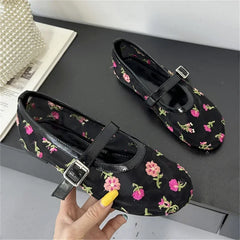 LBSFY -Designer Embroidered Flower Mesh Fabric Flat Heels Women Sandals Fashion Round Toe Buckle Strap Casual Mule Shoes