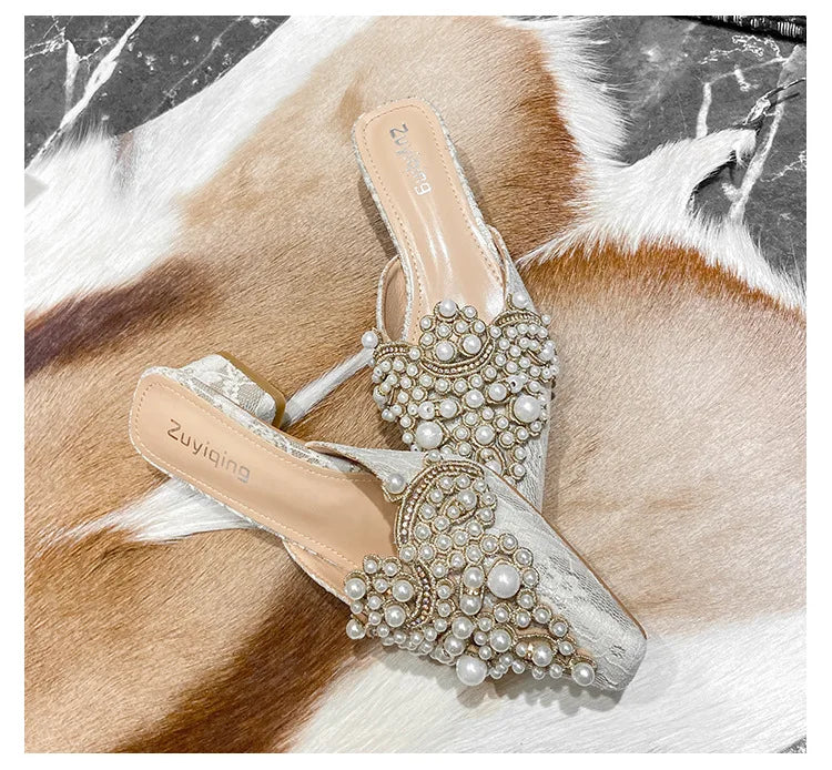 LBSFY -Pearl Half Slippers Women Shoe Autumn Rhinestone Chunky Mid Heel Slipper Sandals Fashion Muller Casual Versatile Single Shoes