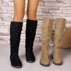 LBSFY -Pleated Boots Women Faux Suede Flock Knee High Boots Winter Women Fashion Slip on Square Low Heel Knight Booties Mujer