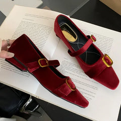 LBSFY  -  Flannel Retro Mary Janes Women Metal Buckle Low Heel Fashion Ballet Shoes Female Soft Sole Square Head Casual Mules Pumps Women