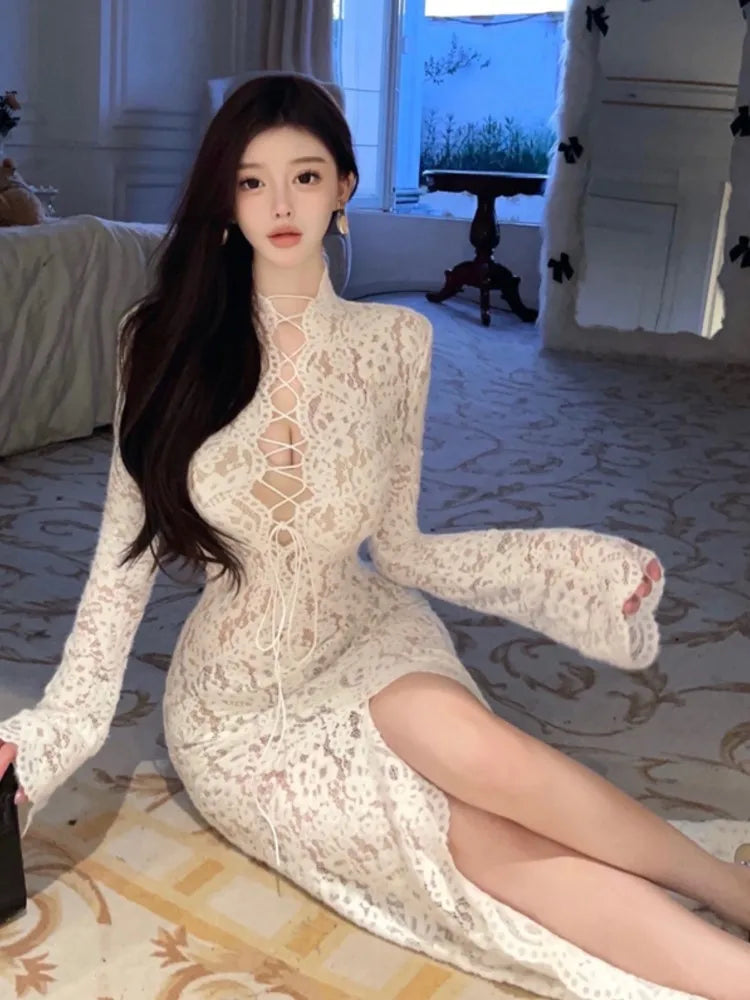 LBSFY -Autumn Sexy Long Sleeves Party Dress for Women Elegant Hollow Out Lace Bandage Bodycon Prom Vestidos Female Split Robe Outfits