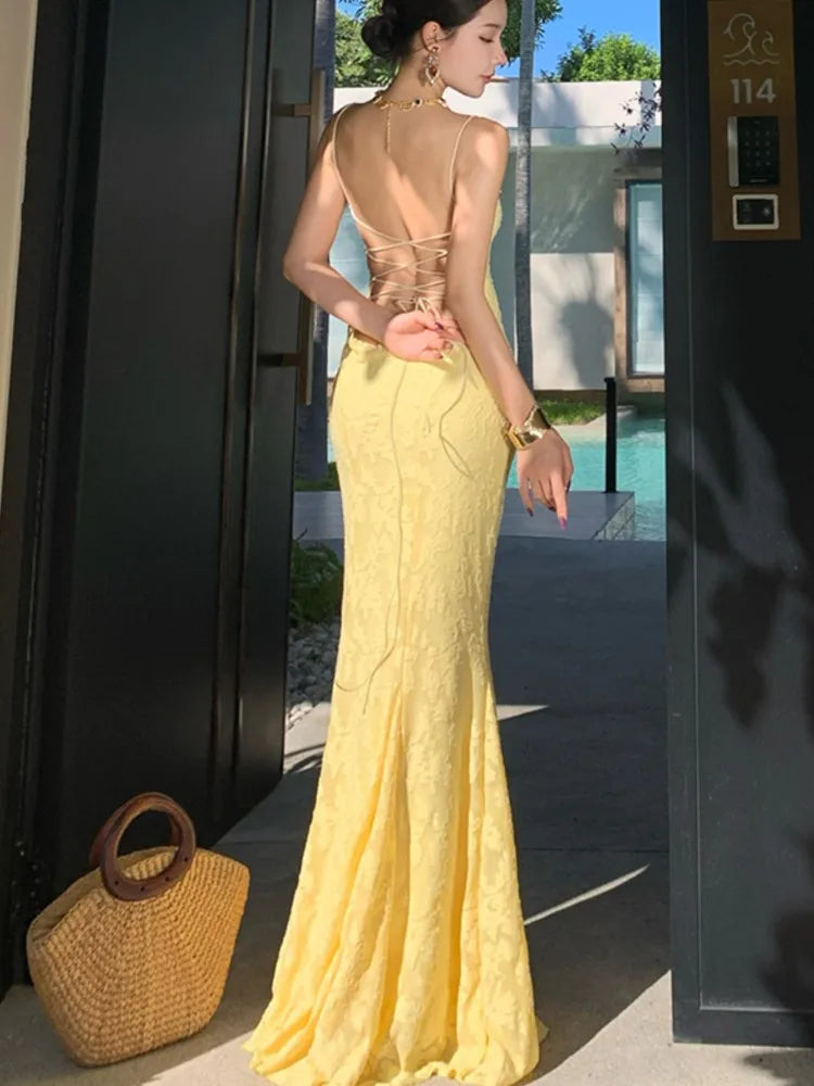 LBSFY -Women's Sexy Elegant Bodycon Party Dress Summer Yellow Lace-up Evening Spaghetti Strap Dresses 2025 New Chic Beach Holiday Robe