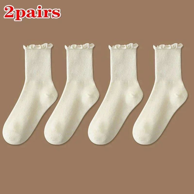 Lbsfy 1/3pairs Cute Cotton Ruffles Ankle Sock Women Autumn Black White Middle Tube Breathable Japanese Sock Lolita Kawaii Korean Stock