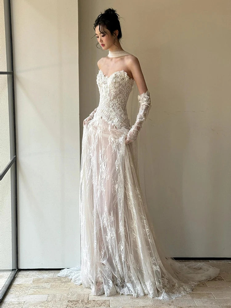 LBSFY -Strapless Wedding Dresses Sleeveless Luxury Lace Wedding Gown With Court Train Claccis A-line Brides Wedding Dresses Customized