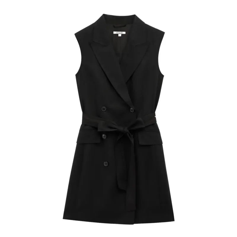 LBSFY -Fashion Simple Slim Fit Blended Short Dress Elegant Solid Color Lapel Summer Dress With Belt Dresses Bouble Breasted Dress