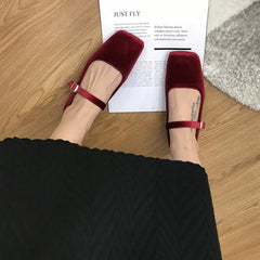 LBSFY -Fashion Women's Velvet Flats Ladies Square Toe Shallow Buckle Casual Ballet Shoes Slip-on Outdoor Mary Jane Shoes
