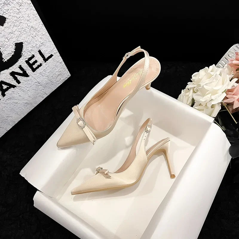 LBSFY  -  New Summer Women's Sandals Slim Heels, Pointed Toe, Champagne Silk Fashion, Korean Edition Autumn Back Air High Heels