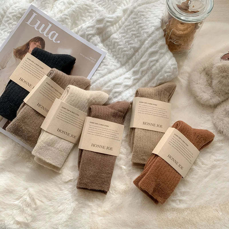 Lbsfy Cashmere Mid-calf Socks Women Korean Style Thickened Japanese Thermal Insulation Retro Wool Long Socks Autumn Winter