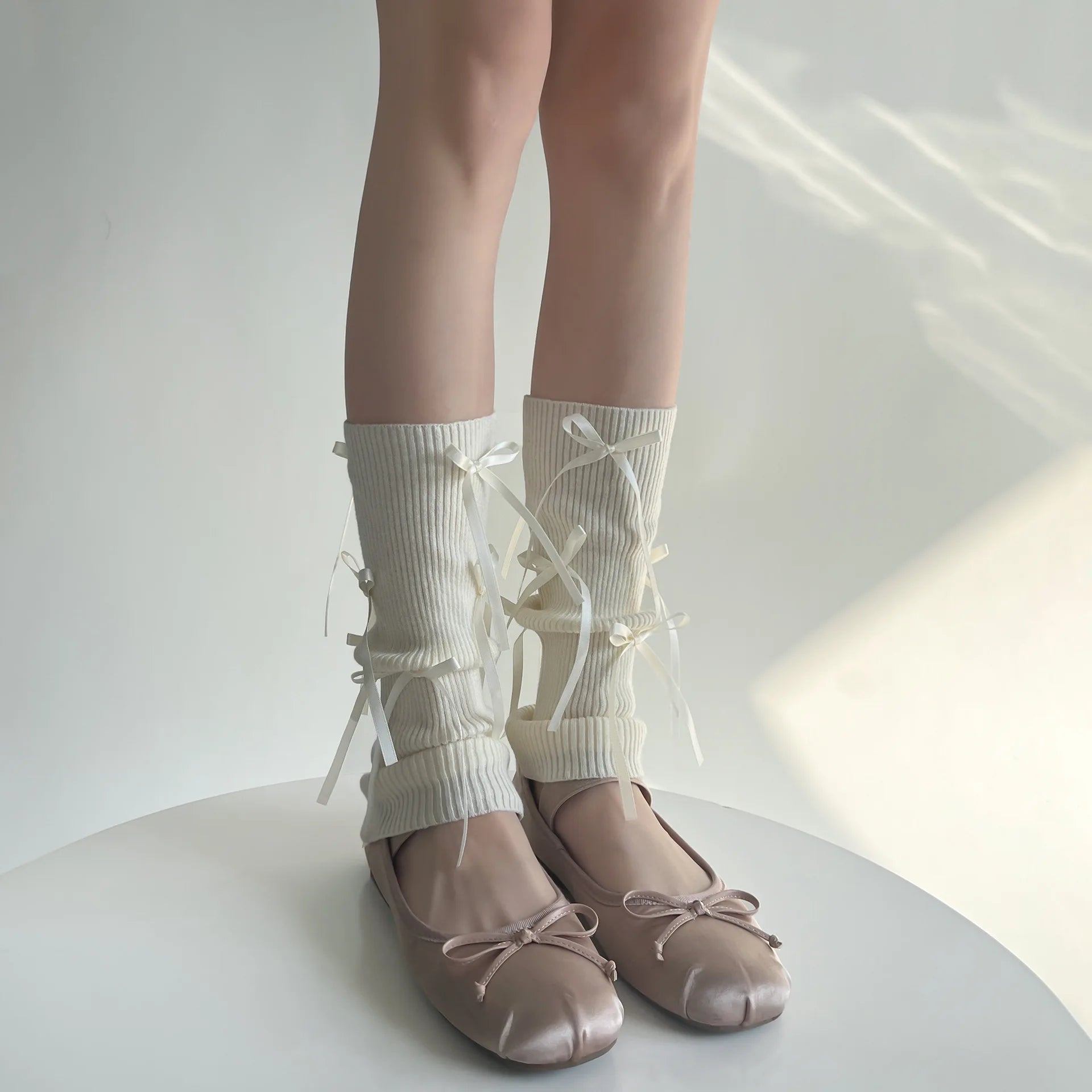 Lbsfy New Sweet Women Bow Tie Knitted Leg Covers Y2K Ballet Pink Leg Warmers Long Calf Japanese Leg Covers JK Clothing Accessories