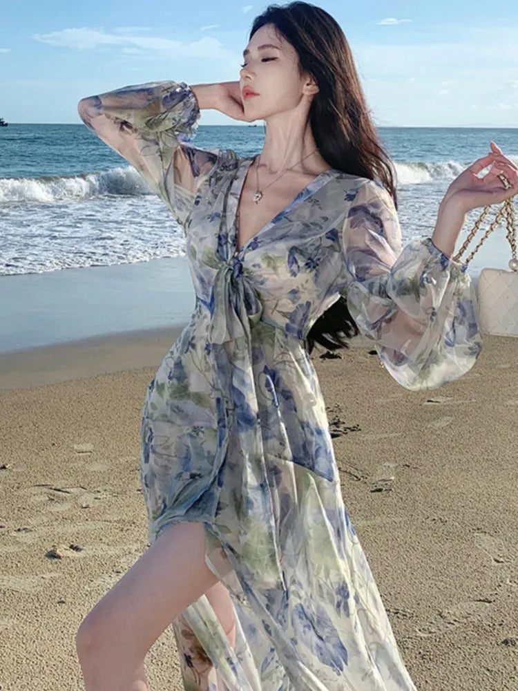 LBSFY -French Chiffon Print Dresses For Woman Summer V-Neck Slim Waist Elegant Long Dress Fashion Split Holiday Basics 2025 New Vestido