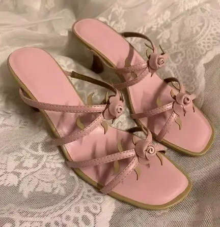 LBSFY  -  Sweet Girls Pink Black Rose Flower Decor Sheep Skin Leather Square Toe Hollow 6 CM Kitten Heels Slippers Women Leisure Sandals