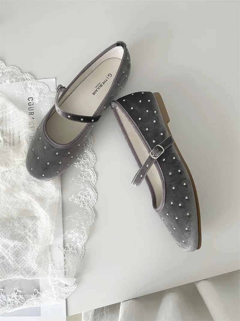 LBSFY -Rivet Decor Velvet Mary Janes Shoes Women Round Toe Elegant Ballet Flats Shoes Ladies Buckle Strap Spring Autumn Loafers New