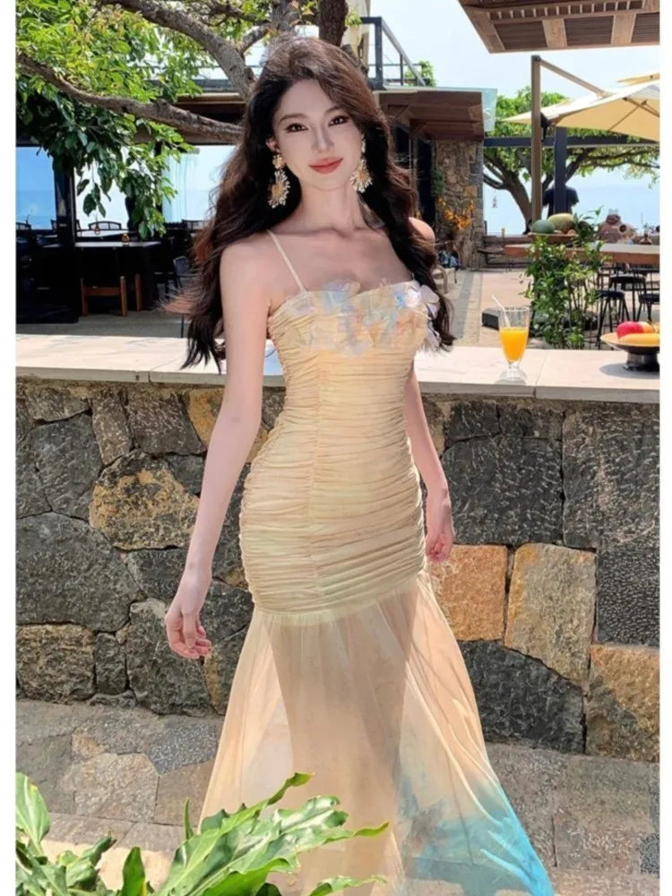 LBSFY -Women's Sexy Floral Bodycon Mesh Mermaid Dresses Elegant Gradient Print Pleated Slim Halter Dress Summer Beach Vacation Outfits