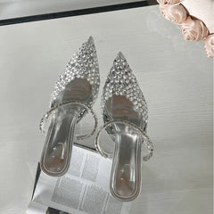 LBSFY  -  Summer Water Droplet Diamond Pointed Thin Heel Slippers with Hollowed Out Mesh, Breathable and Elegant High Heels, Half Drag