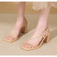 LBSFY -Women Sandals Ladies Square Heels Elegant Summer Slippers Outside Cross Tied Leather Female Slides 2025 Fashion Woman Sandals