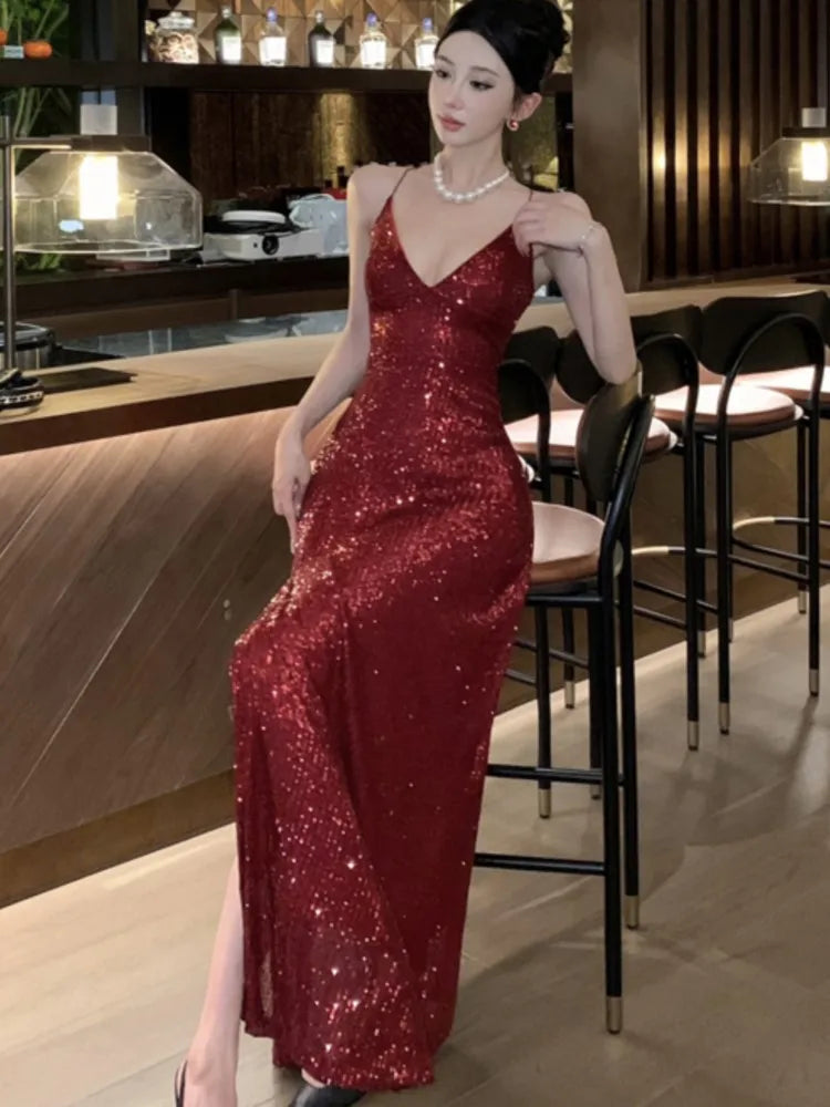 LBSFY -Elegant Backless V-Neck Split Party Dress Sexy Slim Luxury Gown Evening Dresses Fashion Robe Birthday Party Autumn Spring New