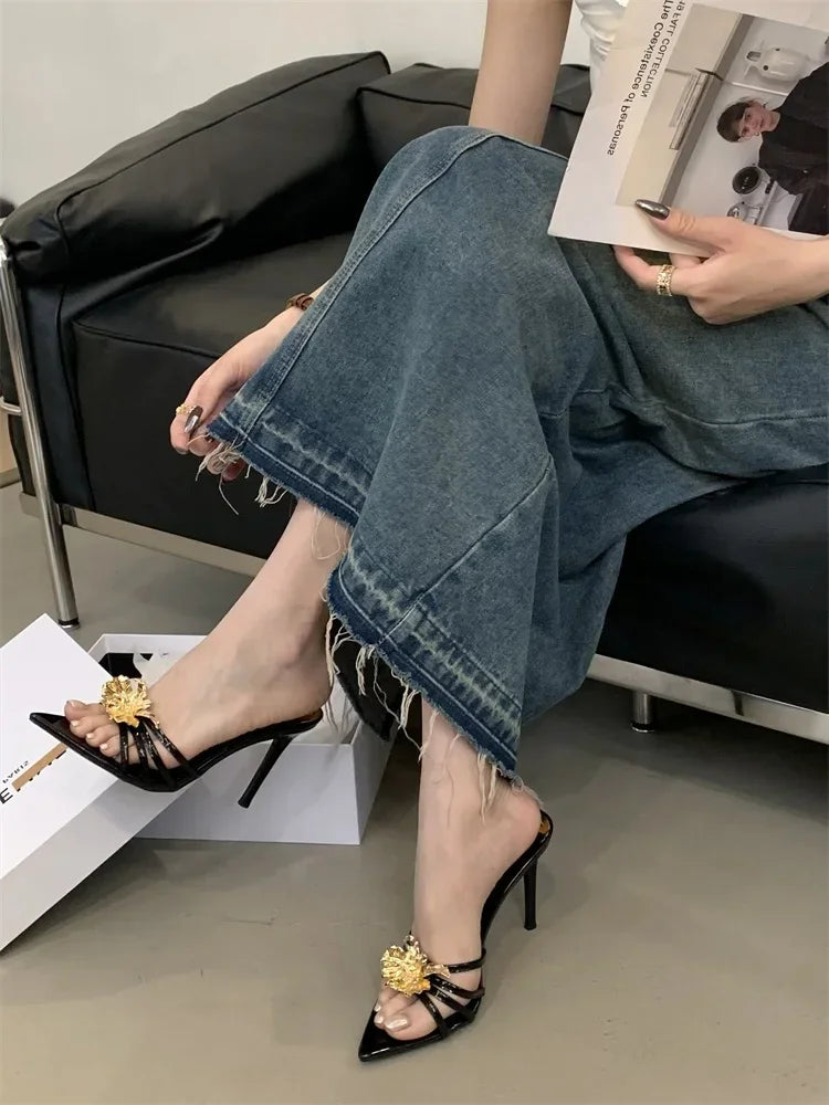 LBSFY -Summer Design Metal Flower Narrow Band Pointed Toe Women Slippers Thin Heels Party Prom Slide Shoes Zapatillas De Mujer
