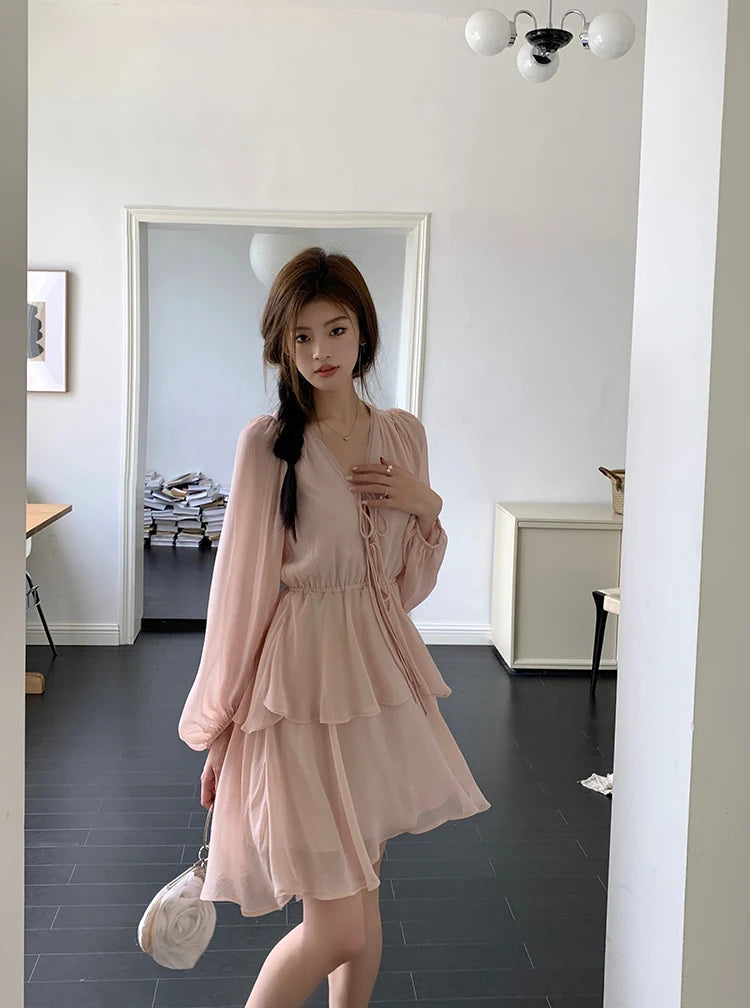 LBSFY -Elegant Fairy Casual Korean Style Women's Dresses New V-Neck Lace-up Long Lantern Sleeve Ruffles Midi Dress 2025 Holiday Vestido