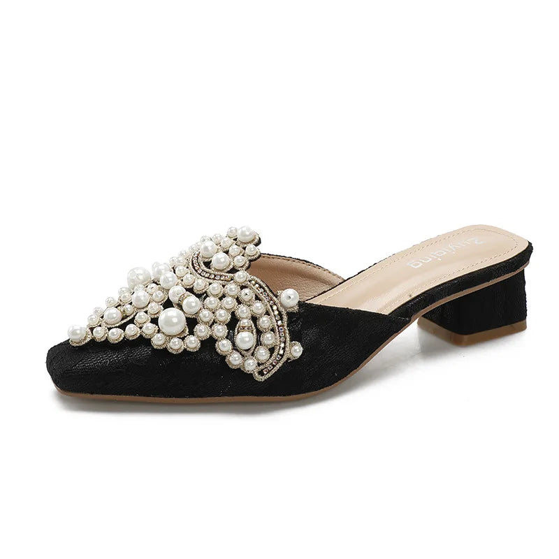 LBSFY -Pearl Half Slippers Women Shoe Autumn Rhinestone Chunky Mid Heel Slipper Sandals Fashion Muller Casual Versatile Single Shoes