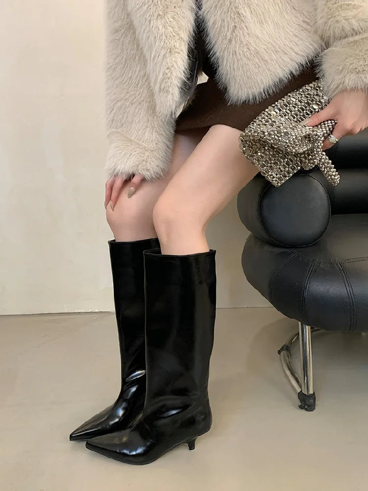 LBSFY -Winter New Fashion Knee-High Boots Women Pointed Toe Elegant Thin Low Heel Casual Ladies Pumps Shoes Long Botas Mujer