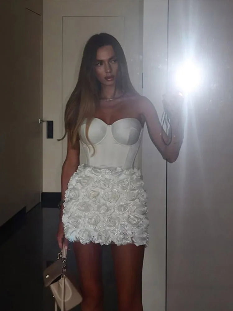 LBSFY -3D Flowers Short Wedding Dresses Women White Luxury Lace Up Back Mini Bride Dress Customized Evening Party Gowns Vestidos Lady