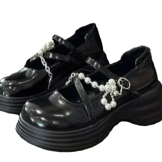 LBSFY  -Thick Soled Mary Jane Shoes for Women  New Sweet Buckle Loafers Pearl Chain Round Toe Platform Dress Lolita Shoes Pumps