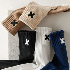 Lbsfy Spring Autumn Winter Men's Sports Mid-tube Short Crew Socks Cotton X Letter Embroidery Long Socks Casual Socks White Black Sox