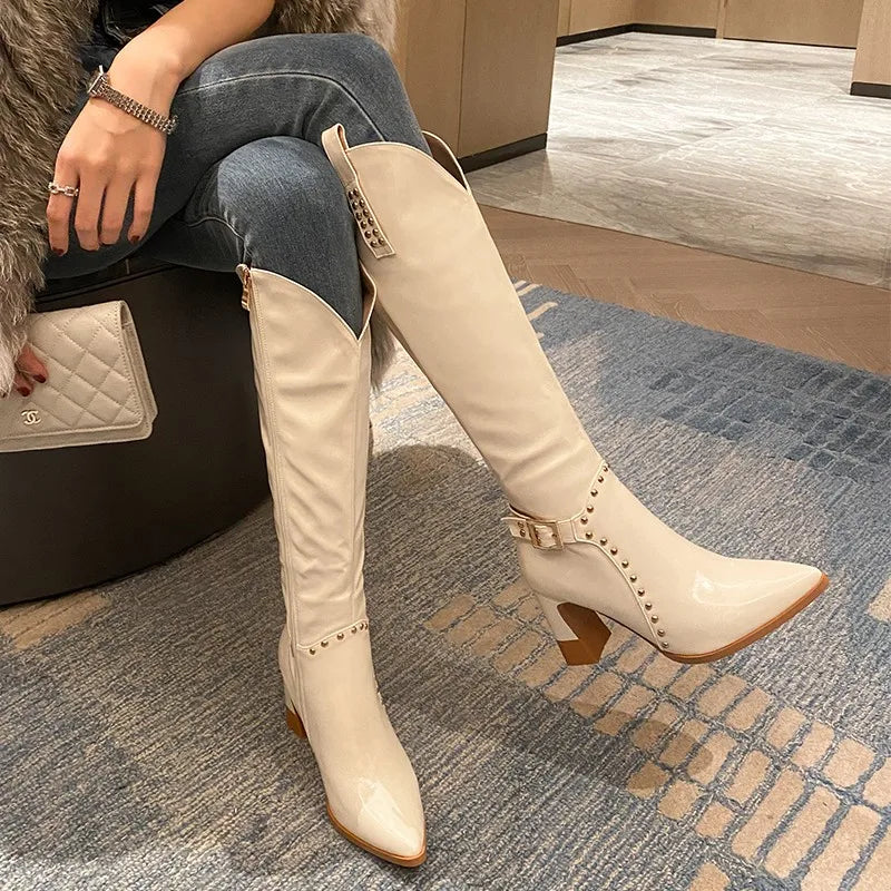 LBSFY  - White Pointed Toe Rivet Western Boots Pu Leather Side Zipper High Heels Knee High Boots Newest Fashion Autumn Winter Women Shoes