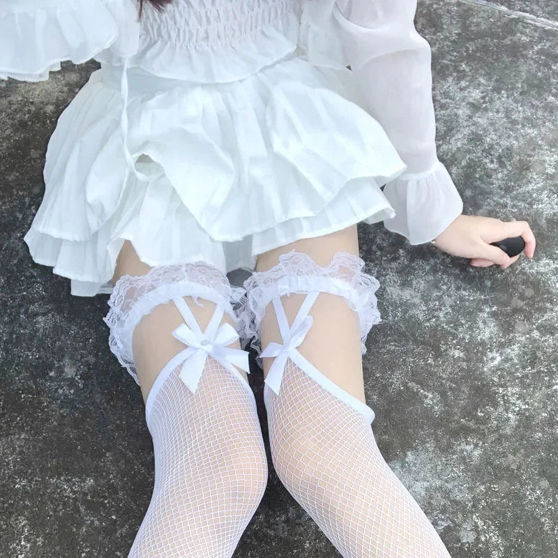 Lbsfy 2 Pair Women Y2K Harajuku JK Long Socks Goth Mesh Stockings Lolita Style Cosplay Girl Sexy Knee Bowknot Thigh High Stockings