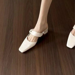 LBSFY -Summers New Style Evening Breeze Baotou Half Slippers French Low Heel Women's Shoes Summer New Thick Heel Slippers Zapatos Mujer