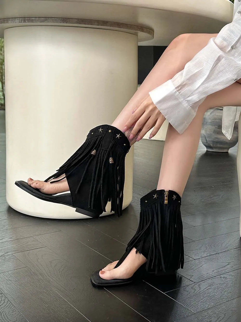 LBSFY  -  Clip Toe Women Sandals Boots Black Beige Brown Side Zipper Flat Mid Heels Retro Cut Summer Short Boots For Woman Size 35-39